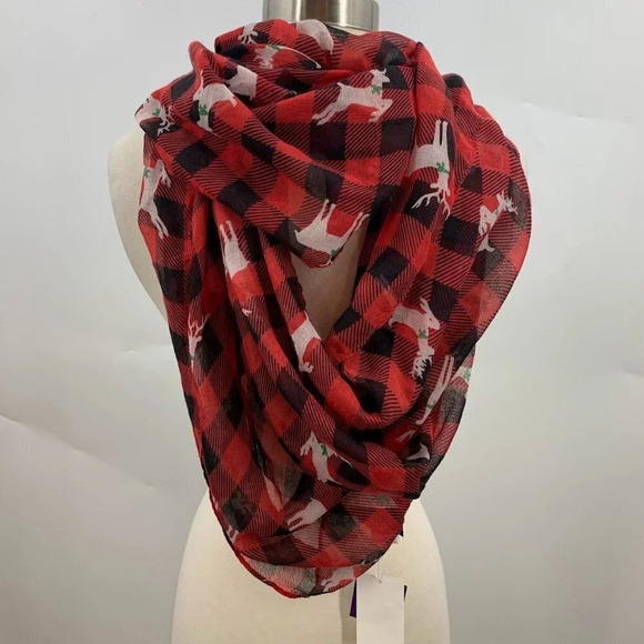 David and Young Women's Buffalo Plaid Holiday Reindeer Mistletoe Infinity Scarf - Picture 1 of 7